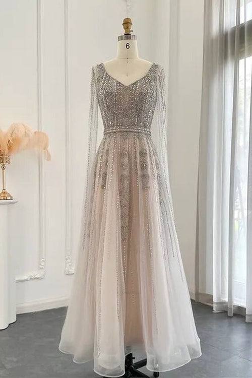 Silver Embellished Long Sleeve Evening Gown with Sheer Layered Skirt