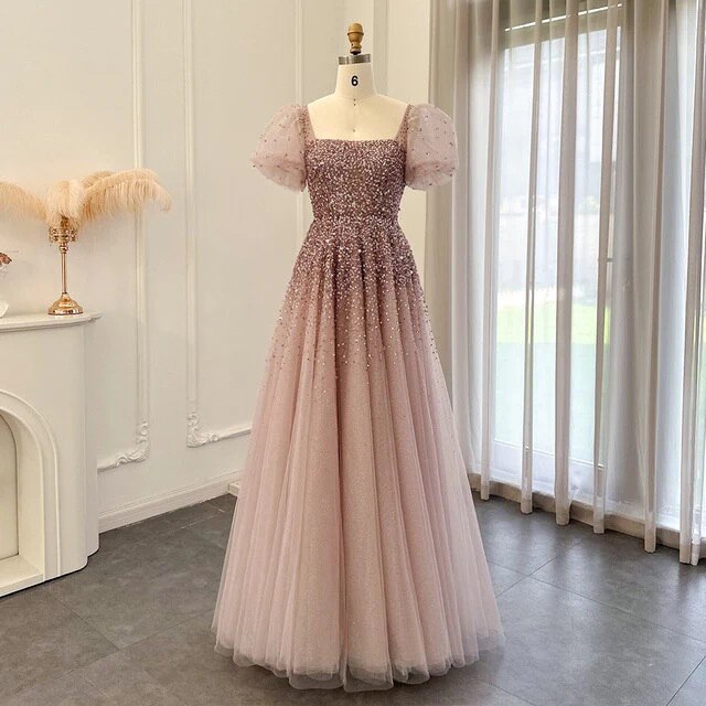 Blush Pink Beaded Tulle Gown with Puff Sleeves