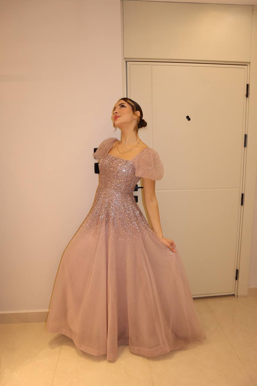 Second image of Blush Pink Beaded Tulle Gown with Puff Sleeves