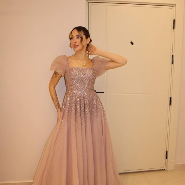 Blush Pink Beaded Tulle Gown with Puff Sleeves