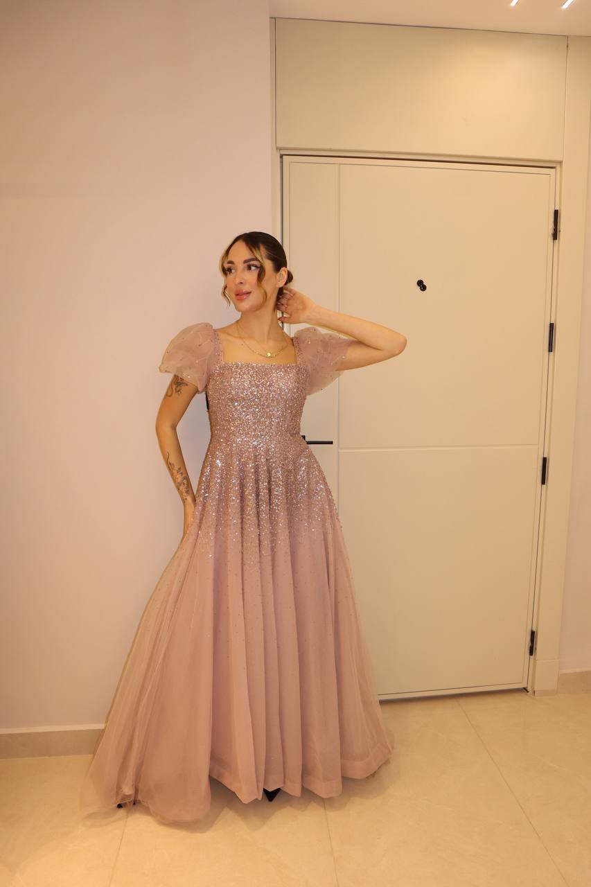 Blush Pink Beaded Tulle Gown with Puff Sleeves