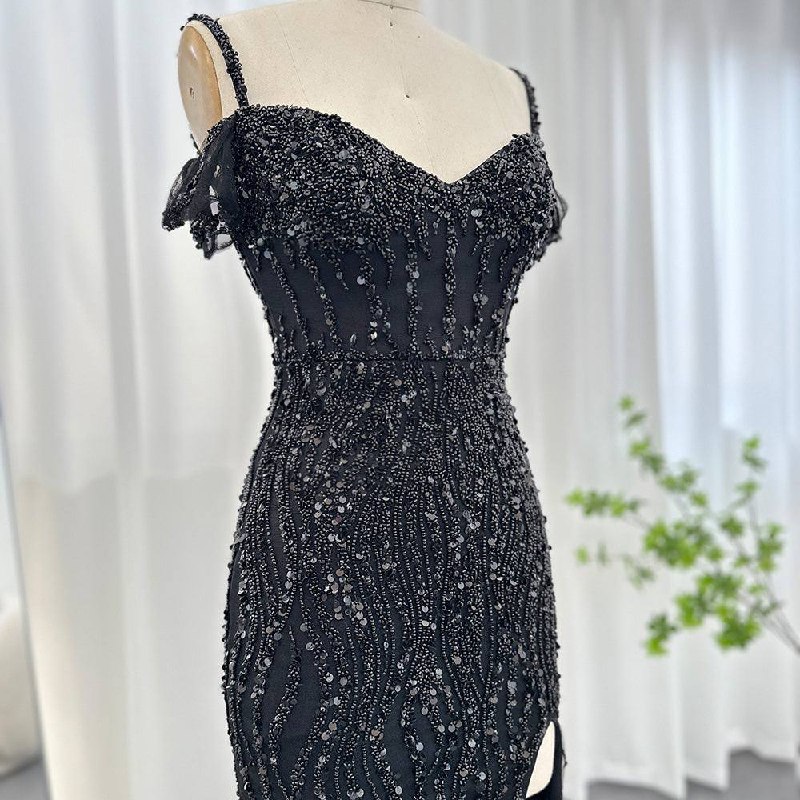 Second image of Black Feather Mermaid Evening Gown with Sequins and Side Slit