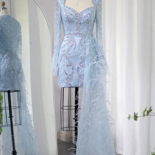 Ice Blue Embellished Mini Gown with Feather Train