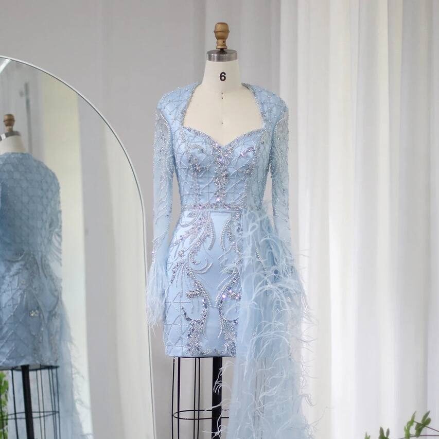 Ice Blue Embellished Mini Gown with Feather Train