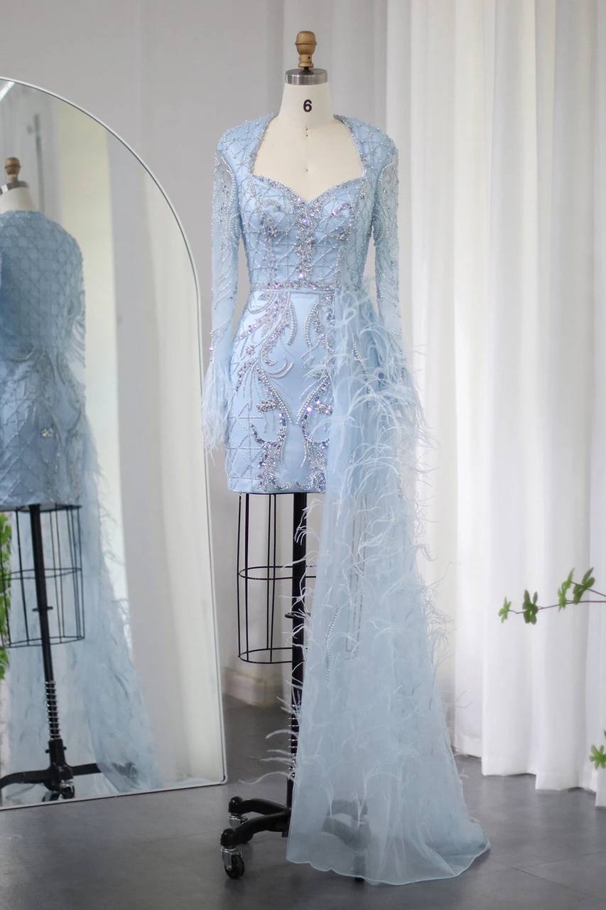 Ice Blue Embellished Mini Gown with Feather Train