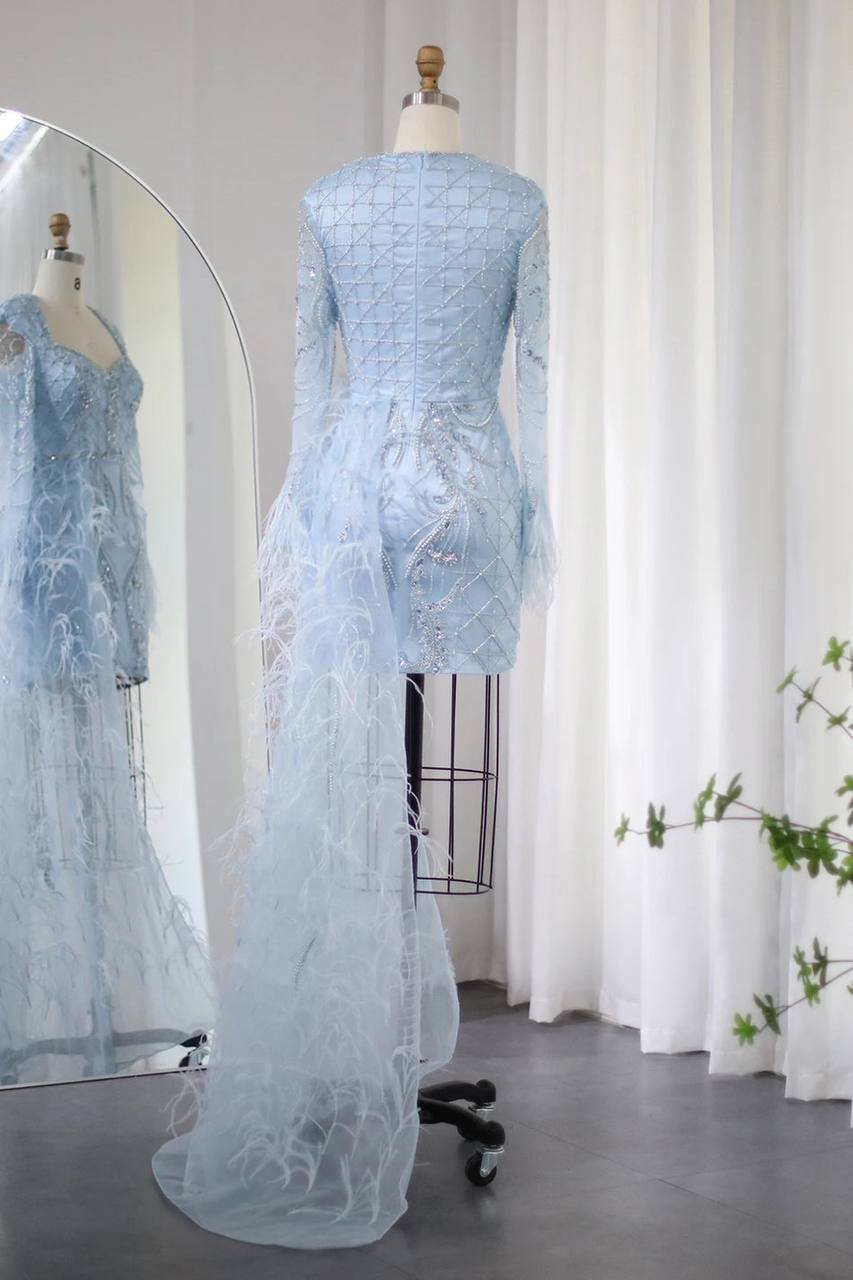 Second image of Ice Blue Embellished Mini Gown with Feather Train