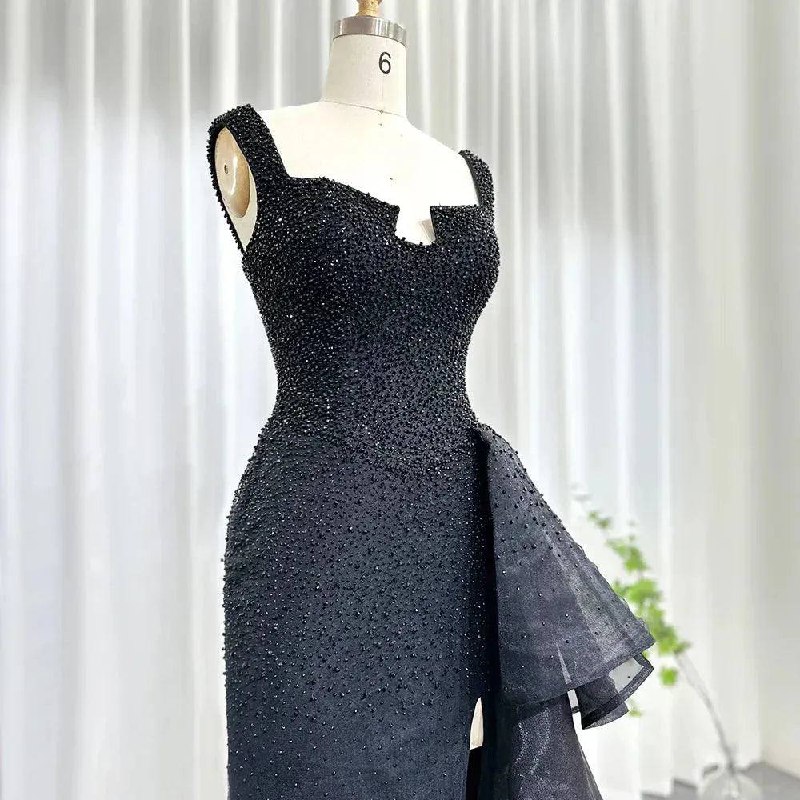 Second image of Black One-Shoulder Layered Evening Gown with Hand-Beaded Detailing