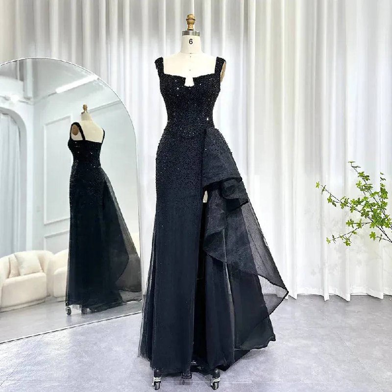 Black One-Shoulder Layered Evening Gown with Hand-Beaded Detailing