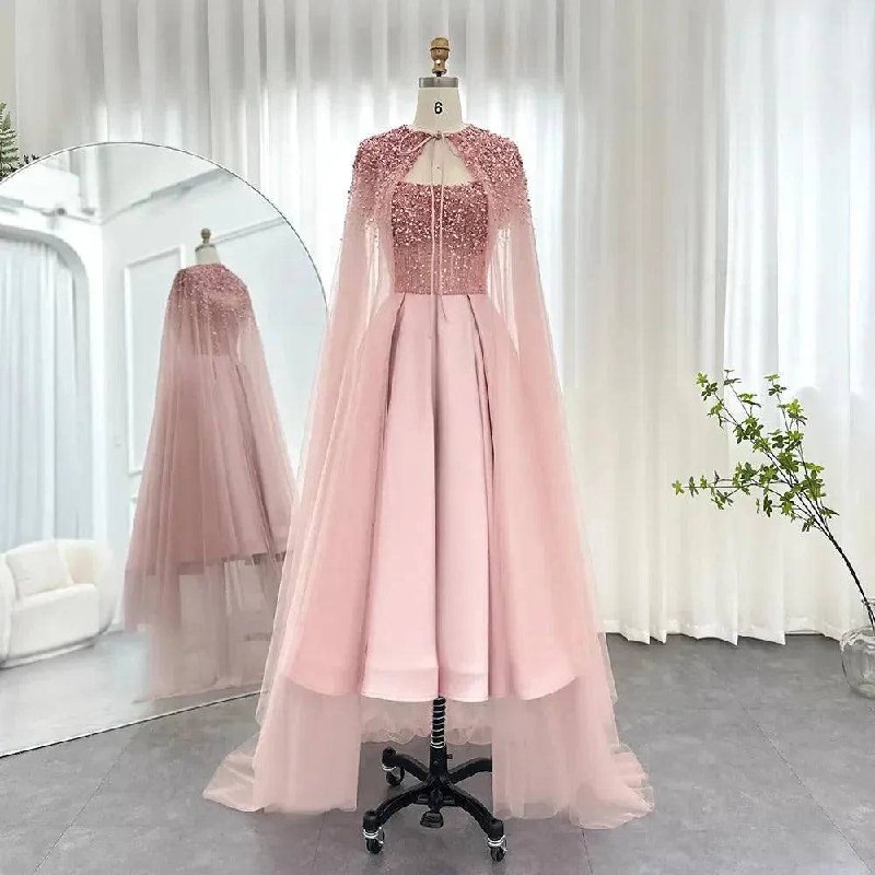 Pink Embellished Midi Gown with Sheer Cape Overlay
