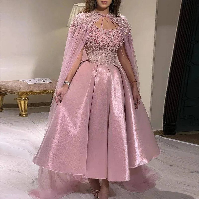 Second image of Pink Embellished Midi Gown with Sheer Cape Overlay