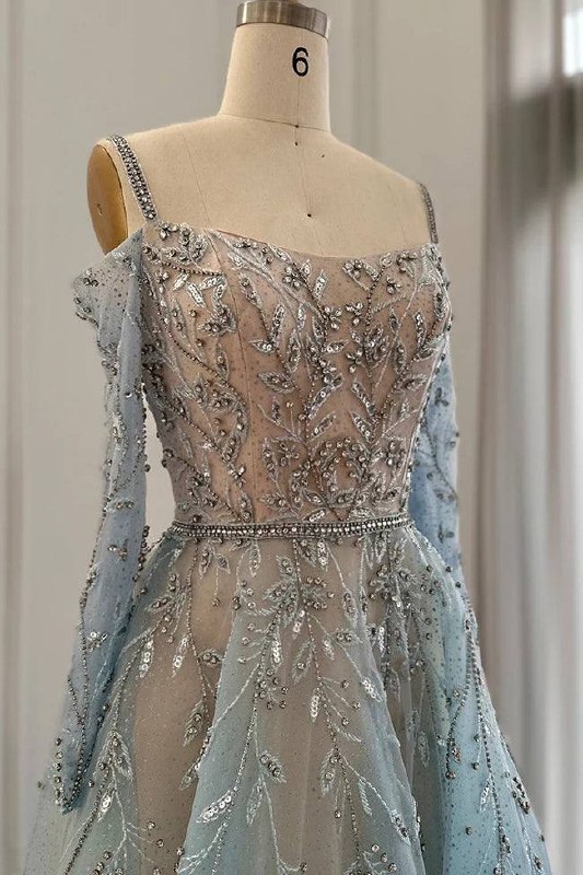 Second image of Ice Blue Crystal Embellished A-Line Gown – Off-Shoulder Luxury Evening Dress
