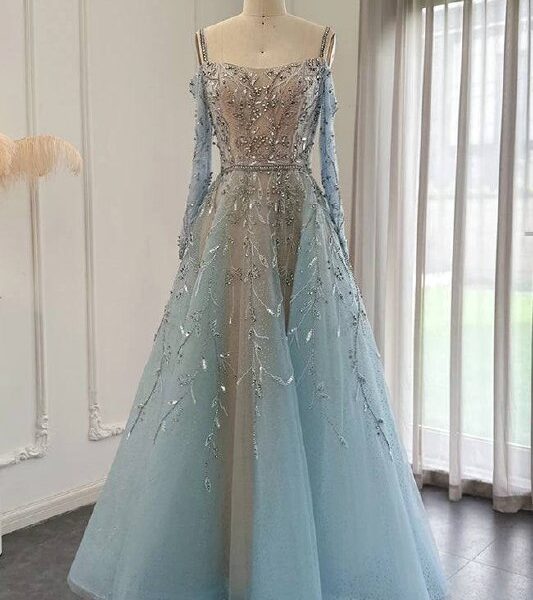 Ice Blue Crystal Embellished A-Line Gown – Off-Shoulder Luxury Evening Dress