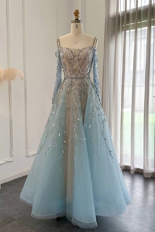 Ice Blue Crystal Embellished A-Line Gown – Off-Shoulder Luxury Evening Dress