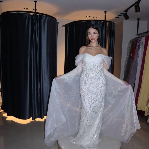 Off-Shoulder Embellished Mermaid Wedding Gown with Sheer Cape Sleeves