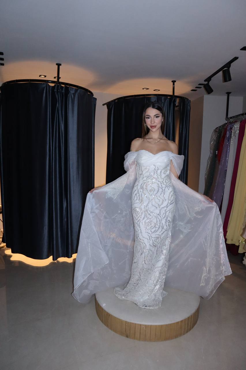 Off-Shoulder Embellished Mermaid Wedding Gown with Sheer Cape Sleeves