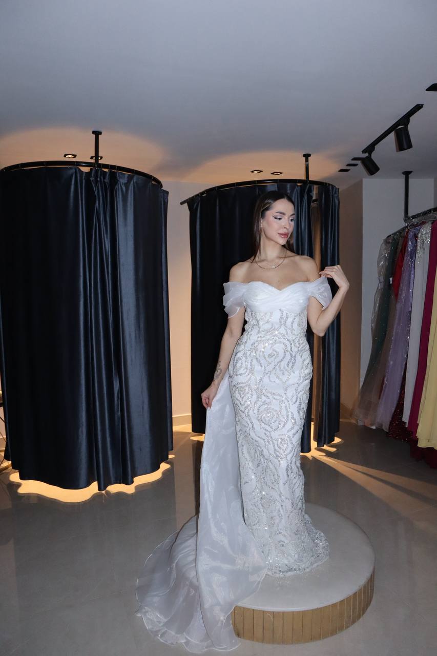 Second image of Off-Shoulder Embellished Mermaid Wedding Gown with Sheer Cape Sleeves