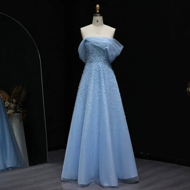 Serene Powder Blue Pearl-Encrusted Off-Shoulder A-Line Gown