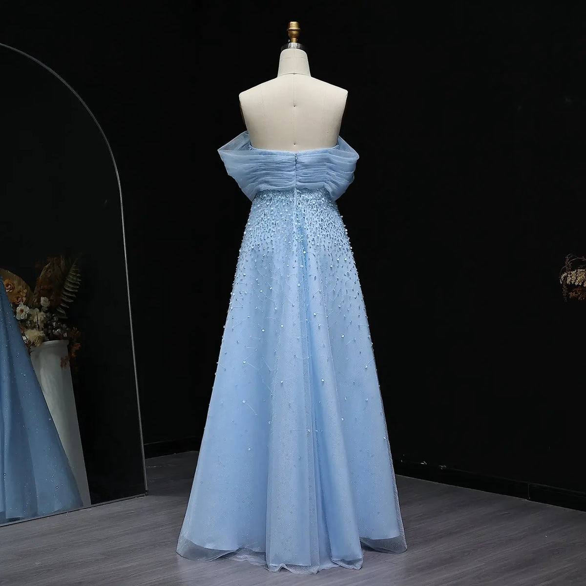 Second image of Strapless Light Blue Embellished A-Line Evening Gown with Tulle Overlay