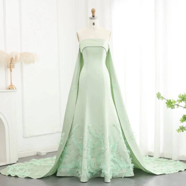 Mint Green Strapless A-Line Evening Gown with Embroidered Train & Cape