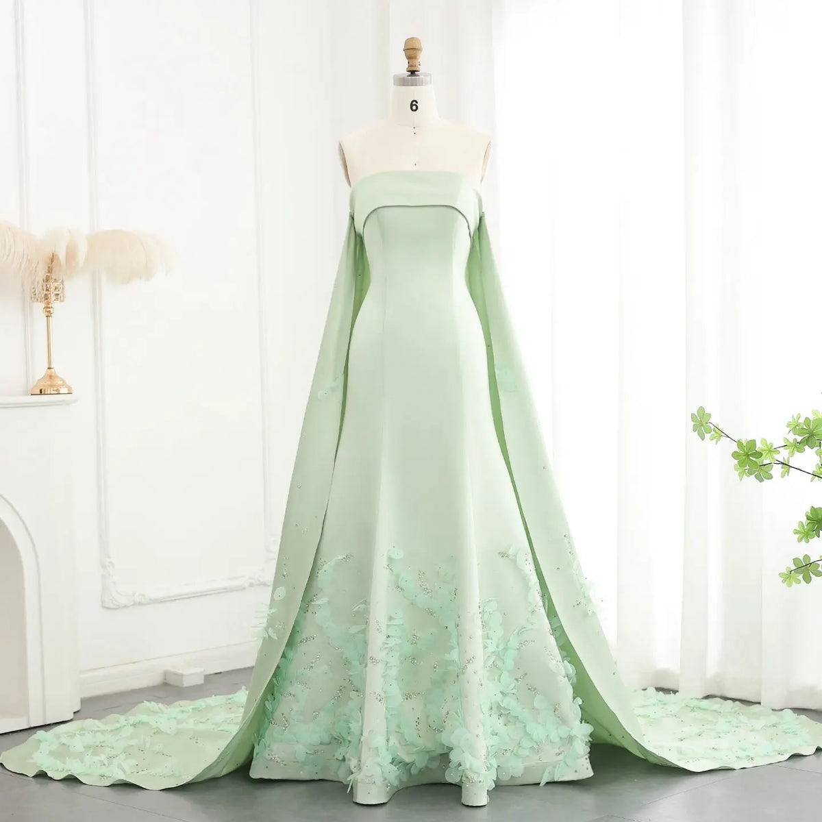 Mint Green Strapless A-Line Evening Gown with Embroidered Train & Cape