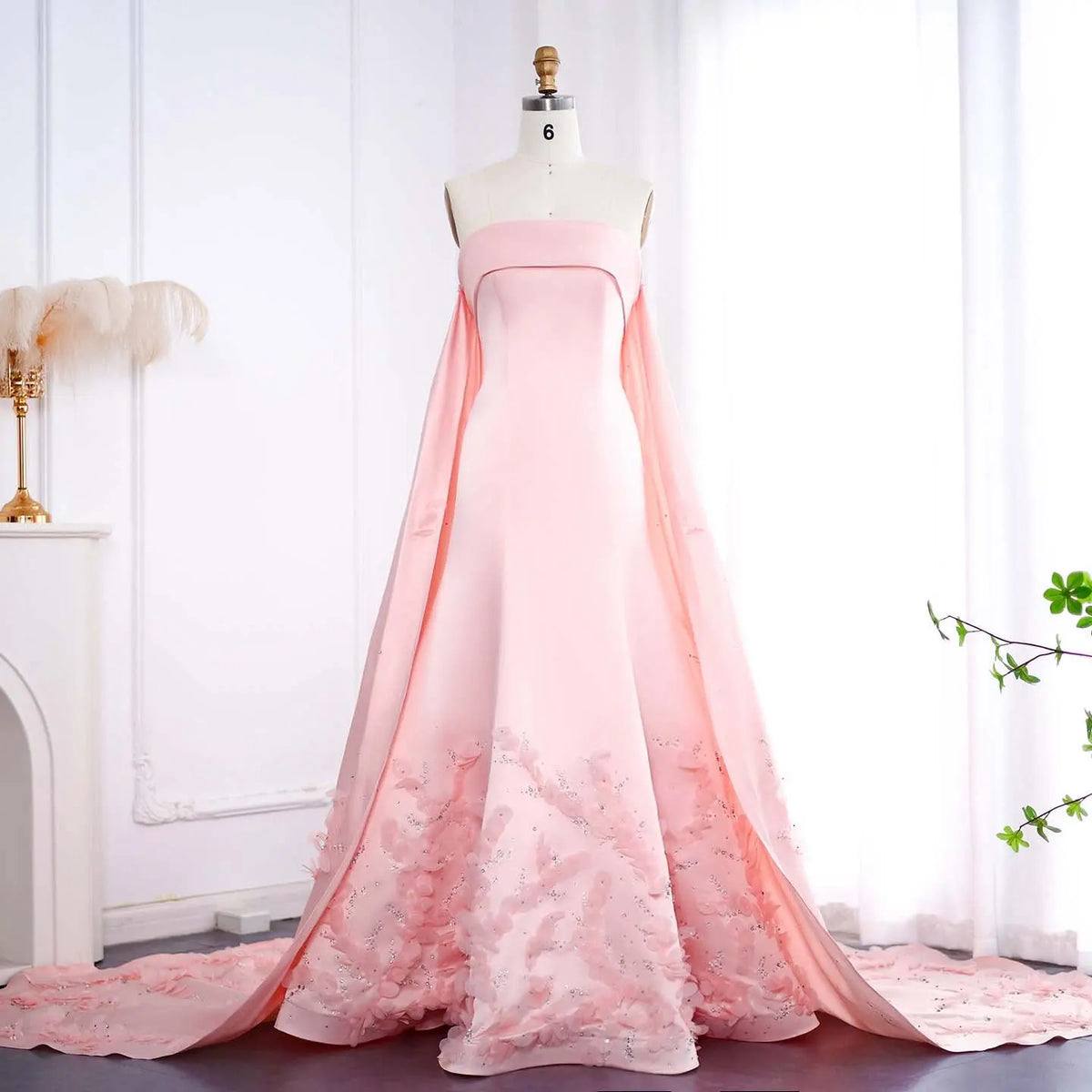Blush Pink Strapless A-Line Evening Gown with Floral Embroidery & Cape Train