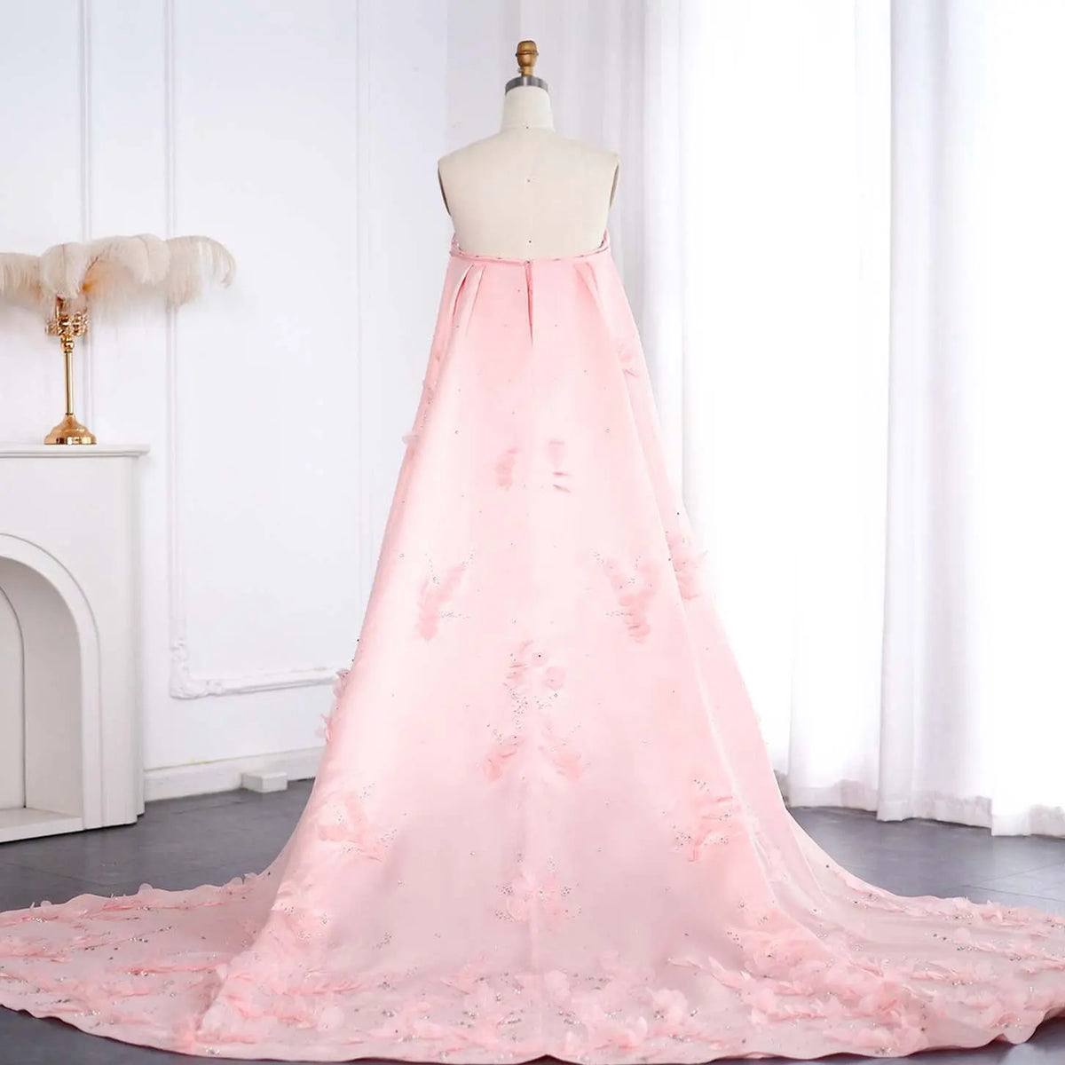 Second image of Blush Pink Strapless A-Line Evening Gown with Floral Embroidery & Cape Train