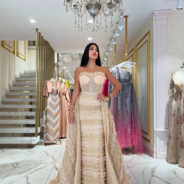 Luxury Champagne Corset Gown with Layered Ruffle Skirt