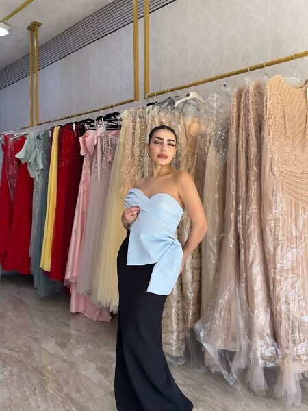 Black Strapless Gown with Blue Draped Bow Detail