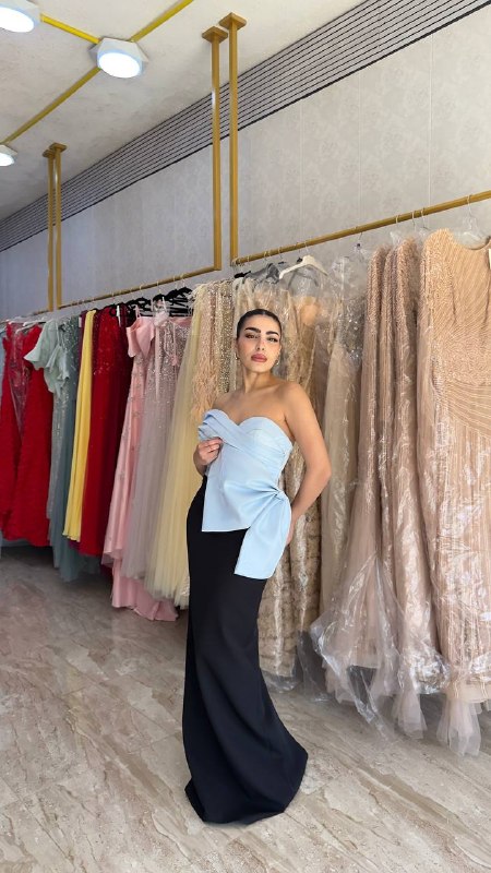 Black Strapless Gown with Blue Draped Bow Detail