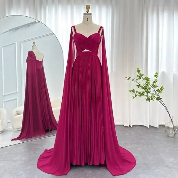 Magenta Pleated Gown with Sweetheart Neckline and Cape Sleeves