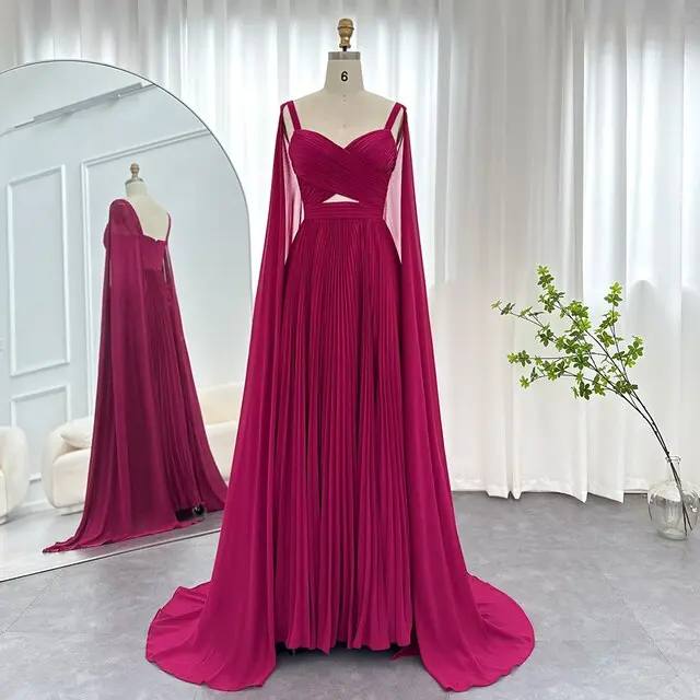 Magenta Pleated Gown with Sweetheart Neckline and Cape Sleeves