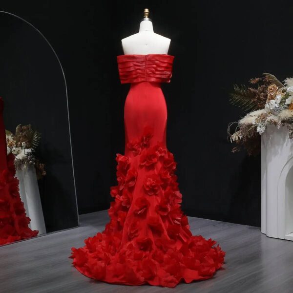 Red Off-Shoulder Mermaid Evening Gown with 3D Floral Appliqué Train