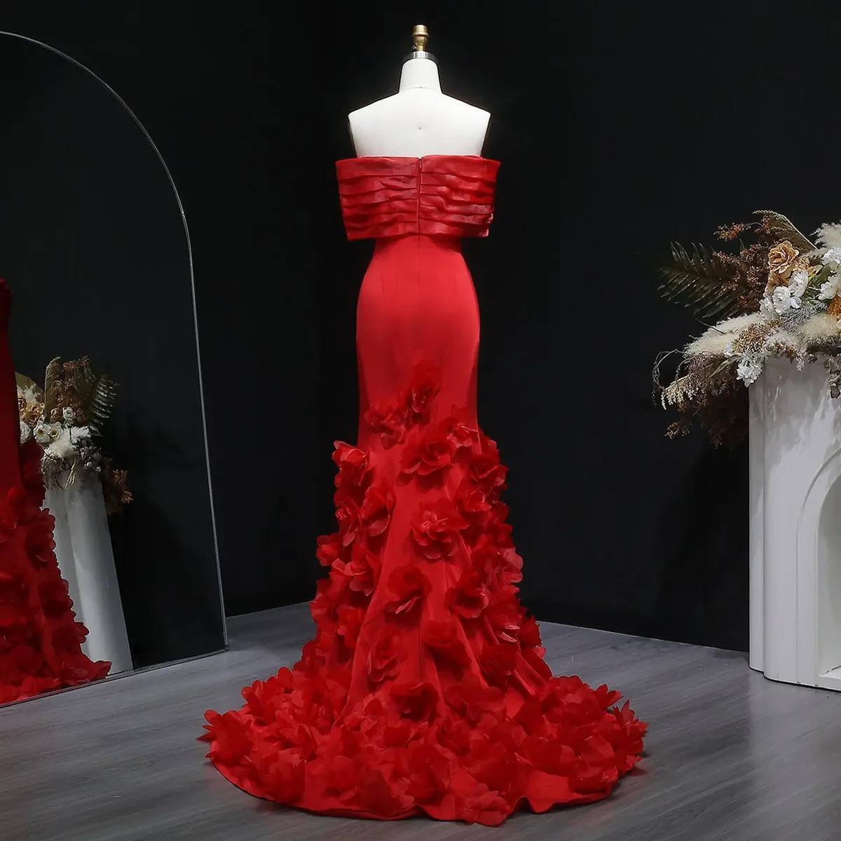 Red Off-Shoulder Mermaid Evening Gown with 3D Floral Appliqué Train
