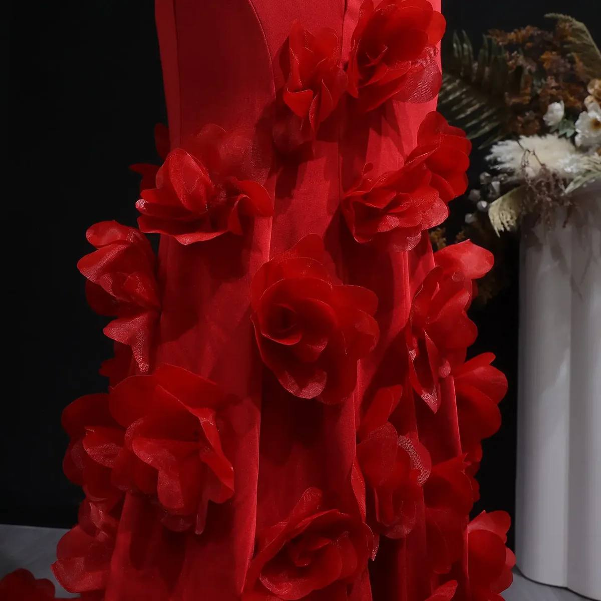 Second image of Red Off-Shoulder Mermaid Evening Gown with 3D Floral Appliqué Train