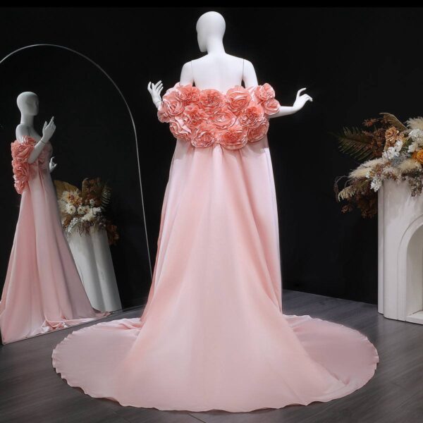 Blush Pink Off-Shoulder A-Line Gown with 3D Floral Bodice & Flowing Train