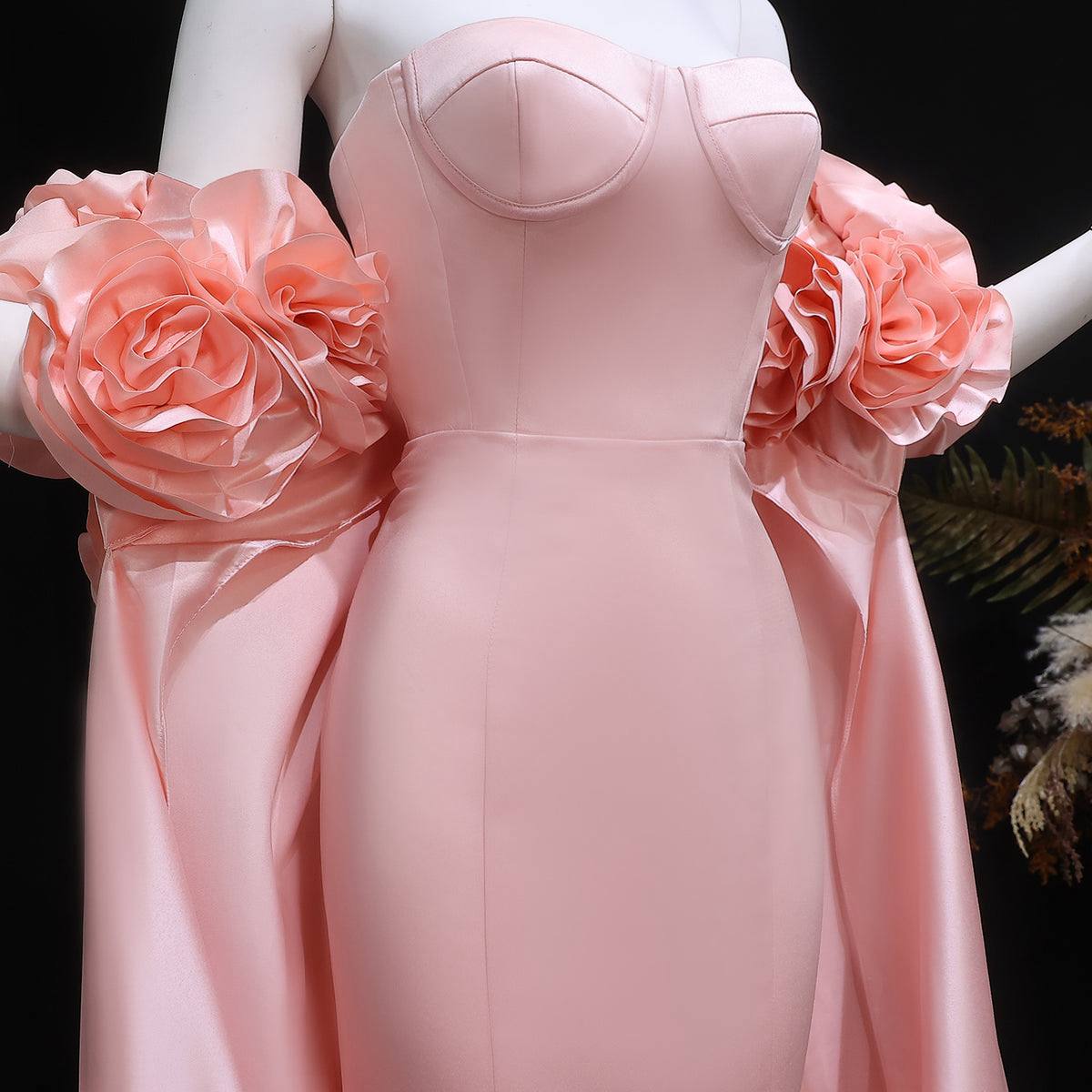 Second image of Blush Pink Off-Shoulder A-Line Gown with 3D Floral Bodice & Flowing Train