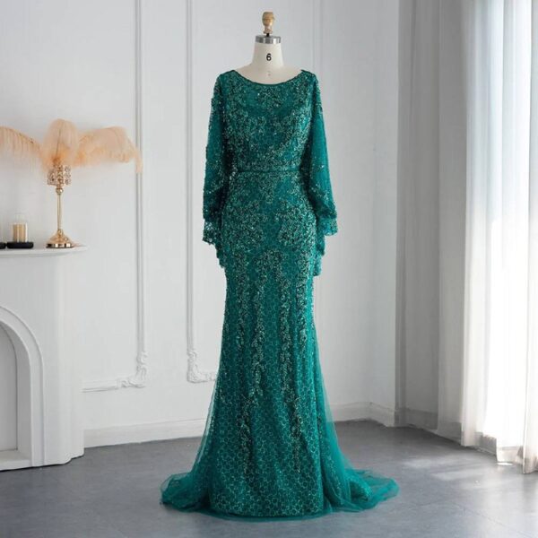 Emerald Royale Encrusted Gown with Dramatic Draped Cape Sleeves