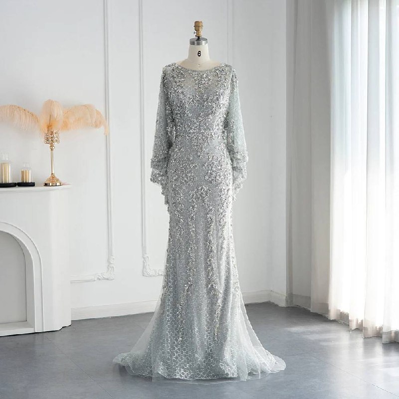 Silver Celestial Encrusted Gown with Dramatic Draped Cape Sleeves