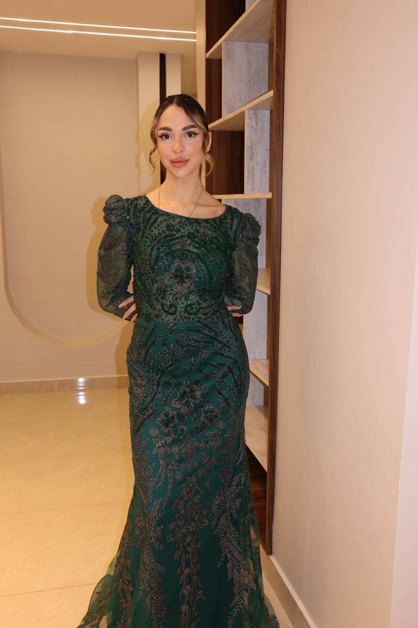Second image of Emerald Sovereign Encrusted Mermaid Gown with Puff-Shoulder Detailing