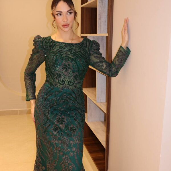 Emerald Sovereign Encrusted Mermaid Gown with Puff-Shoulder Detailing