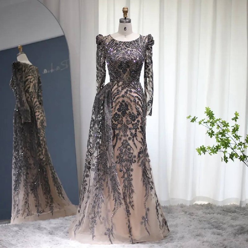 Charcoal Stardust Mermaid Gown with 3D Floral Appliqués and Side-Drape Train
