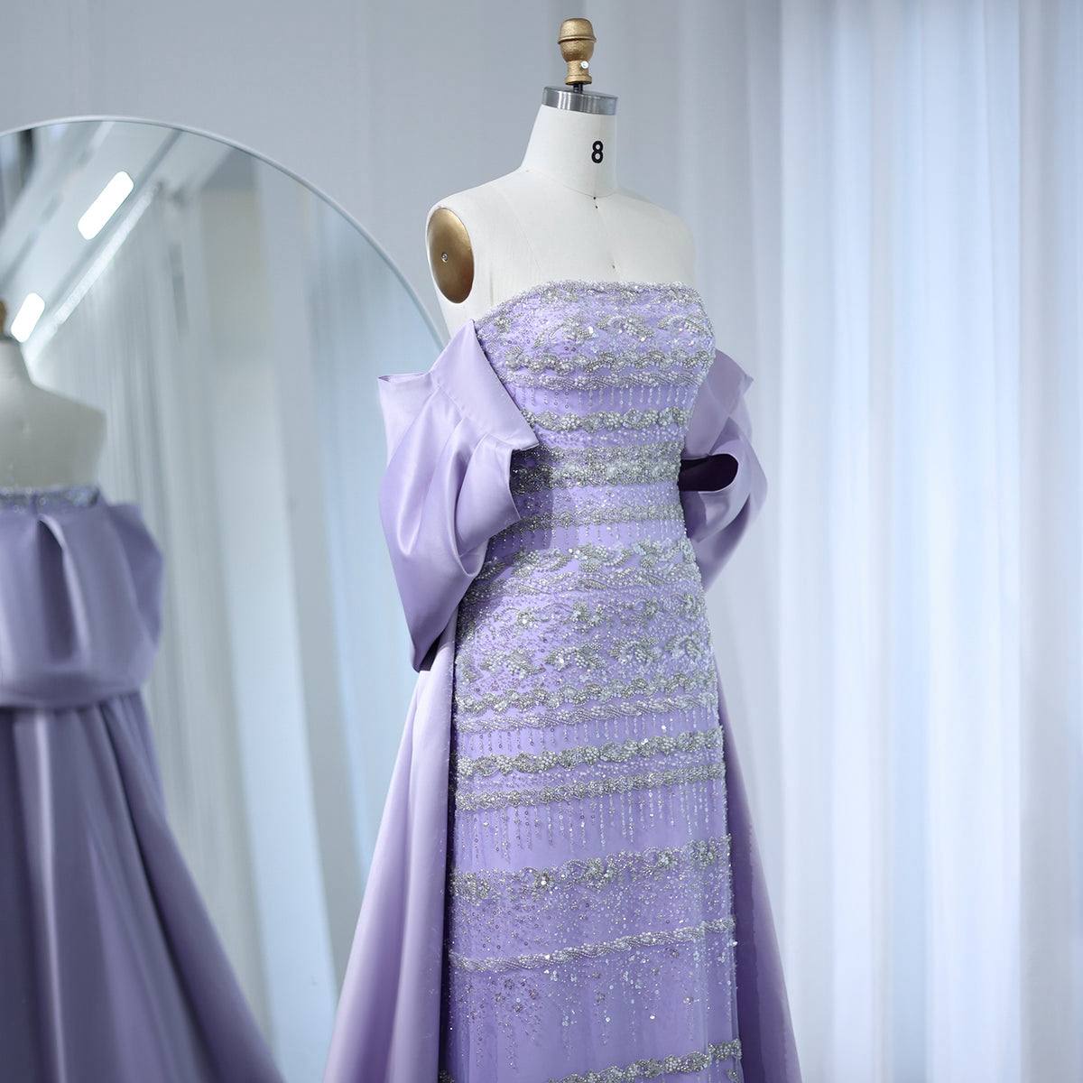 Second image of Lavender Radiance Strapless Column Gown with Sculpted Cape and Crystal Banding