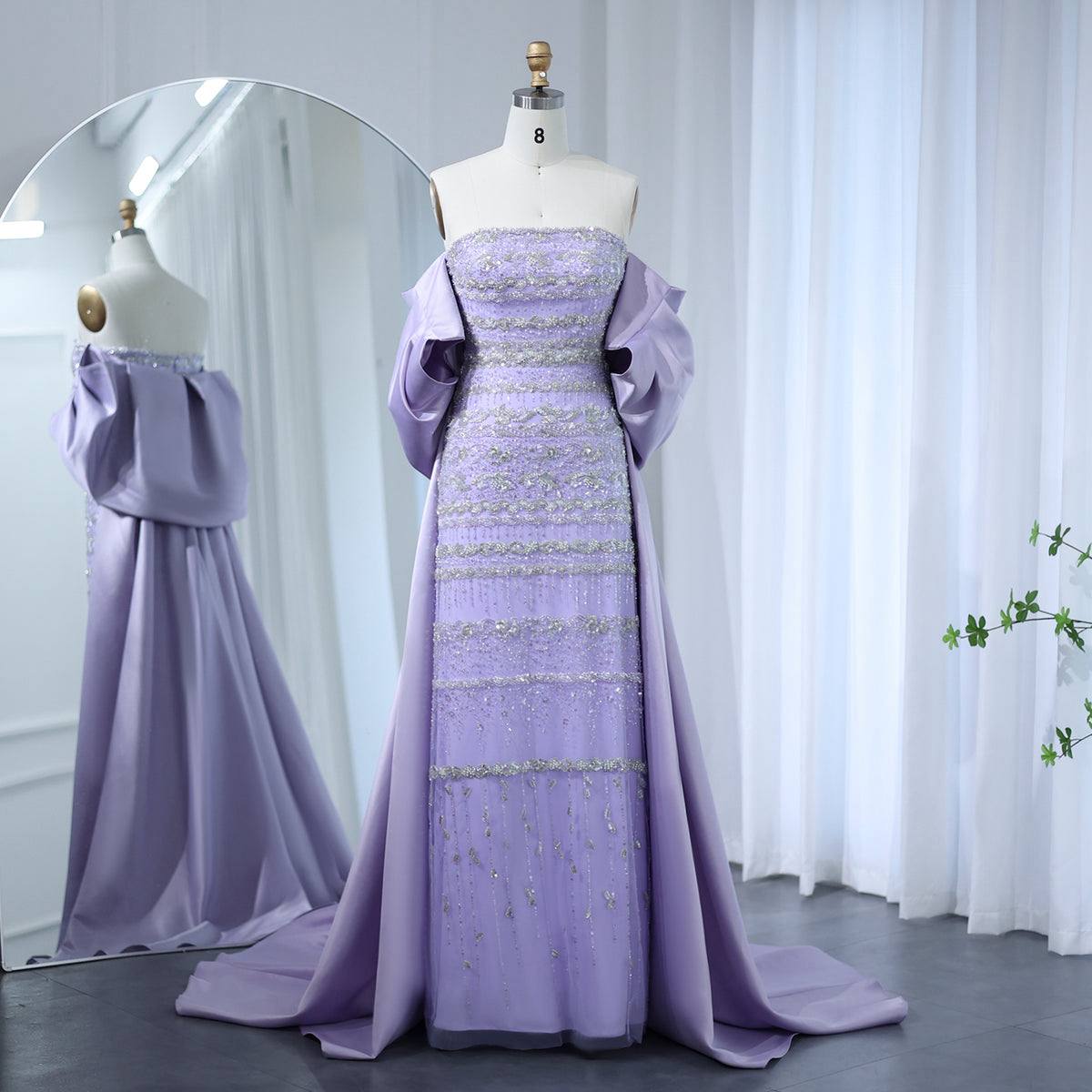Lavender Radiance Strapless Column Gown with Sculpted Cape and Crystal Banding