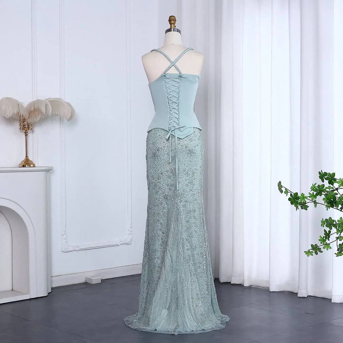 Second image of Seafoam Mint Crystal Gown with Basque Waist and Floral Encrustation