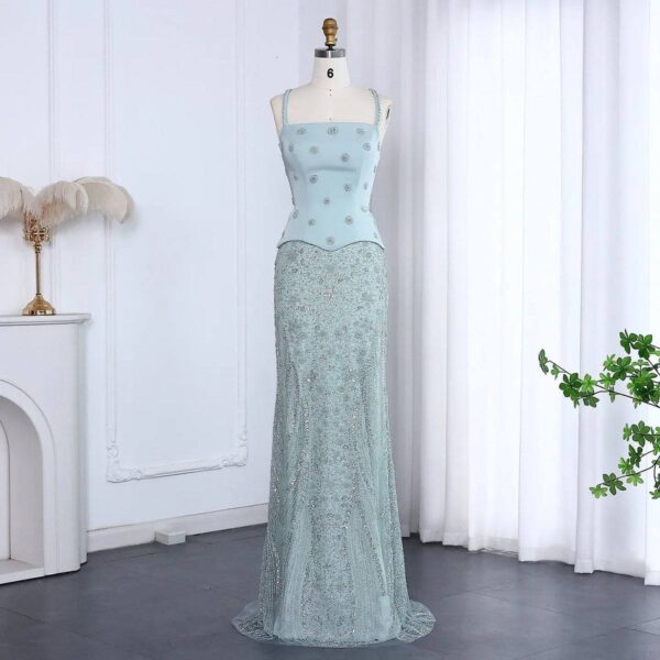 Seafoam Mint Crystal Gown with Basque Waist and Floral Encrustation