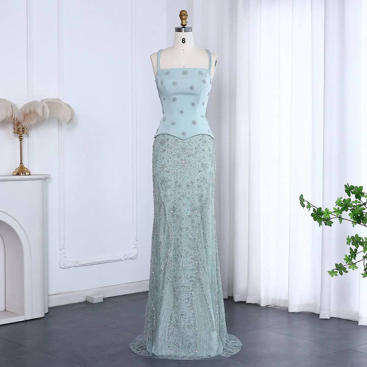 Seafoam Mint Crystal Gown with Basque Waist and Floral Encrustation