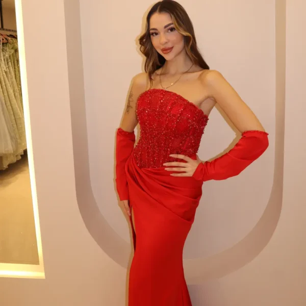 Red Strapless Sequin Corset Gown with High Slit & Gloves