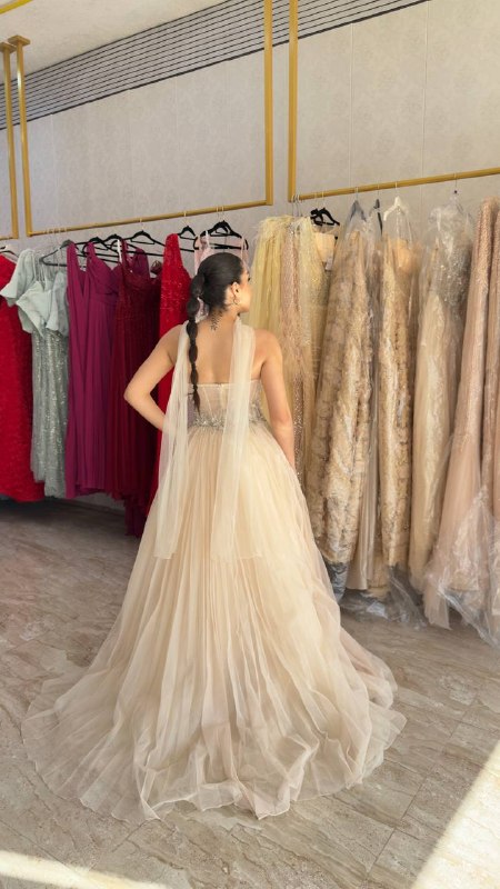 Second image of Luxury Champagne Corset Gown with Layered Ruffle Skirt