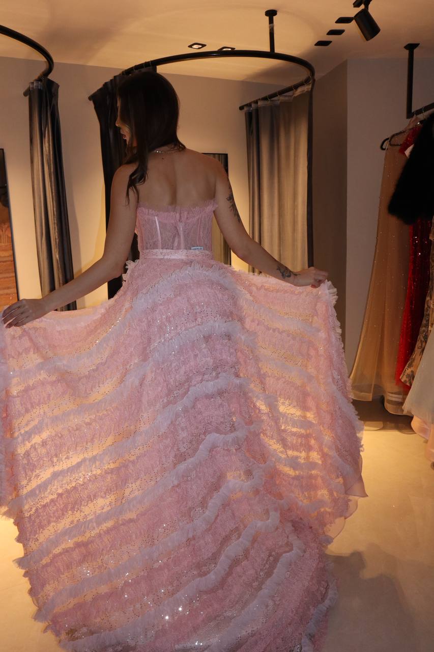 Second image of Blush Pink Corset Ball Gown with Layered Ruffle Skirt