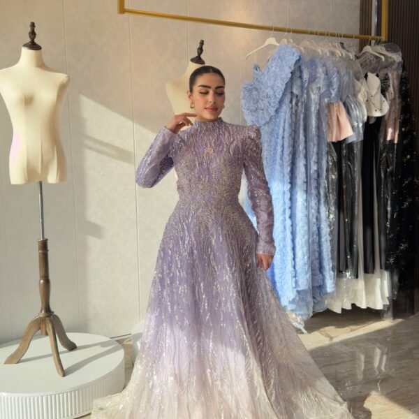 Lavender Embellished Full Sleeve A-Line Gown with High Neck